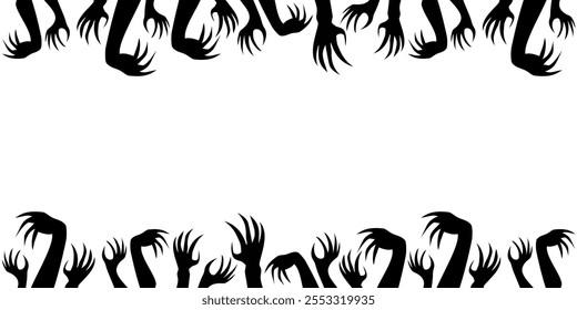 Dark silhouette of undead hands reaching out, representing chaos, fear, and Halloween horror.