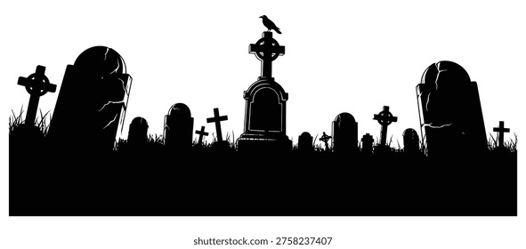 A dark silhouette of various tombstones and monuments in a cemetery against a white background, evoking a sense of eeriness and mystery.