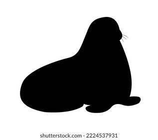 Dark silhouette of walrus. Graphic element for printing on fabric. Representative of underwater world and symbol of cold place on earth. Poster or banner for website. Cartoon flat vector illustration
