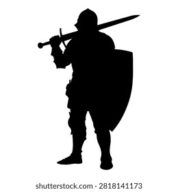 A dark silhouette of a warrior holding a sword and shield, ready for combat, emphasizing strength and readiness in a heroic pose.