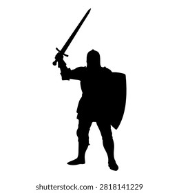 A dark silhouette of a warrior holding a sword and shield, symbolizing strength, bravery, and combat readiness in a heroic stance.