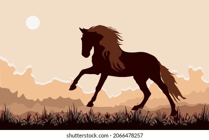 dark silhouette of a wild horse galloping on the grass against the sky, vector isolated color image	

