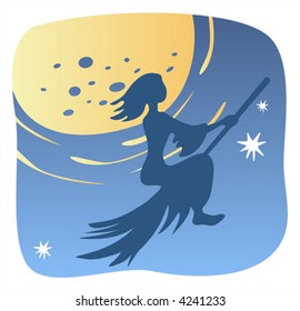 Dark silhouette of a witch on a background of the moon and the night sky.