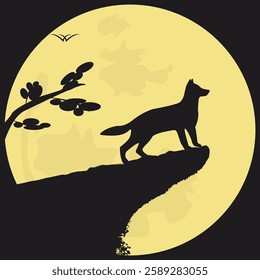 The dark silhouette of a wolf standing on a rock overhanging a cliff, against the backdrop of a huge yellow moon.