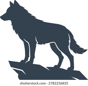 A dark silhouette of a wolf stands on a jagged rock formation, its head turned to the left, appearing watchful.