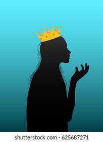 The dark silhouette of a woman with a gold crown  in her head.Vector Illustration