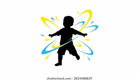 A dark silhouette of a young child in motion surrounded by vibrant blue and yellow circular light trails on a white background
