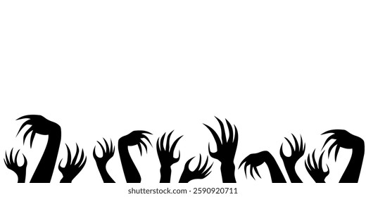 Dark silhouette of zombie hands rising from the grave, symbolizing fear, mystery, and Halloween horror.