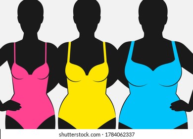Dark silhouettes of different female figures, colored swimwear of different sizes, choosing swimsuit by size and body proportions, concept of body positive movement and beauty diversity