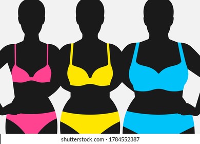 Dark silhouettes of different female figures, colored underwear or swimwear of different sizes, choosing clothes by size and body proportions, concept of body positive movement and beauty diversity