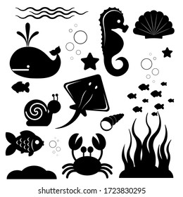 
Dark silhouettes of different sea animals, fish and marine objects isolated on white background.
