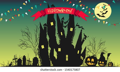 Dark silhouettes of a gloomy castle, cemetery, graves, crosses and pumpkins against the background of the morning dawn. In the background is a large moon and garlands with colored flags. Vector