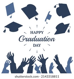 Dark silhouettes of the hands of students tossing their academic caps up. Happy graduation day. Design element for graduation greeting card. Vector illustration.