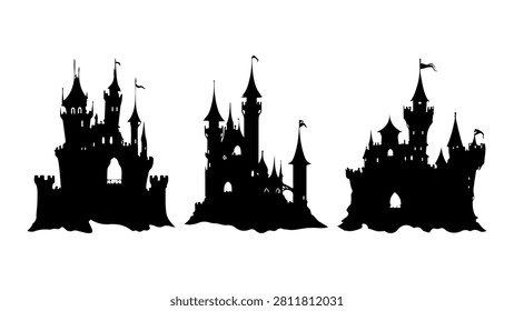 Dark silhouettes of a haunted castle with spires and towers against a white background, evoking a mysterious and eerie atmosphere.