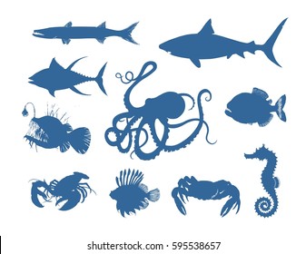 Dark silhouettes of marine life on a white background. Vector illustration: shark, lobster, crab; octopus; angler; barracuda; piranha; Lion fish; sea Horse; tuna