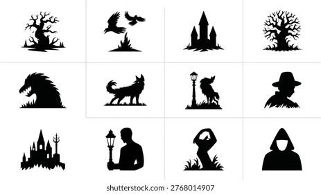 Dark silhouettes of mystical creatures haunting landscapes and eerie figures in a moody minimalist style for halloween or fantasy themes