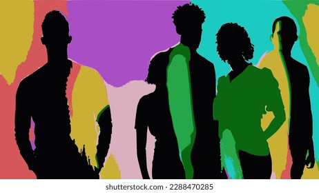Dark silhouettes of people on a rainbow color background vector image.