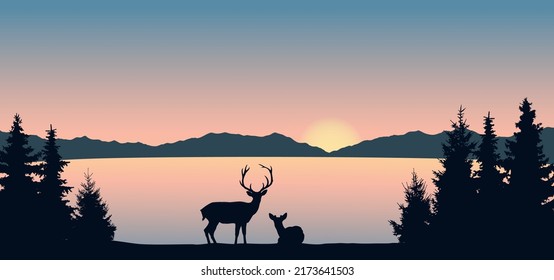 Dark silhouettes of red deer on the background of the lake. Mountain landscape background, sunset on the river bank. Hiking, recreation, observing nature.