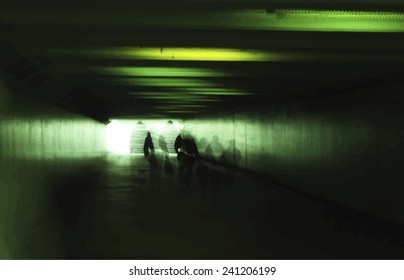 Dark silhouettes in subway.Green rush-light. Light at the end of the tunnel. Autotraced vector illustration.