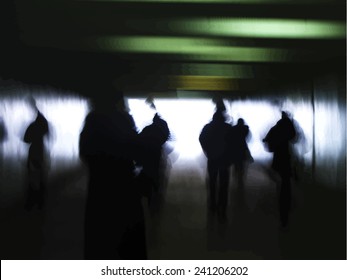 Dark silhouettes in subway.Green rush-light. Light at the end of the tunnel. Autotraced vector illustration.