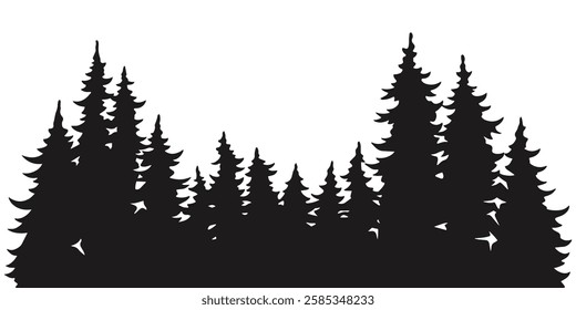 Dark silhouettes of tall evergreen trees fill the horizon creating a serene atmosphere during the twilight hours. The trees stand prominently against a fading sky suggesting calm and tranquility.