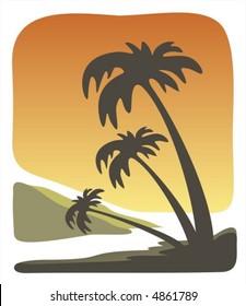 Dark silhouettes of three palm trees on a background of a tropical decline.