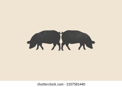 Dark silhouettes of two pigs with stamp effect on light background. Vintage emblem for meat products, farms. Can be used for butcher shop, market, menu design, packaging, labels. Vector illustration. 