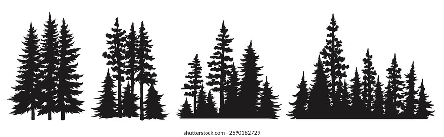 Dark silhouettes of various tall trees stand against a light background forming a peaceful forest environment. This image highlights the beauty of nature serenity and growth.