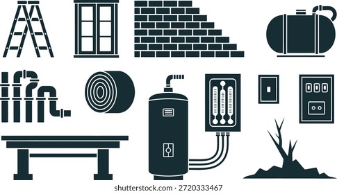 Siluetas oscuras de varias herramientas, materiales de construcción y artículos de utilidad útiles para la construcción, la renovación del hogar o proyectos industriales.