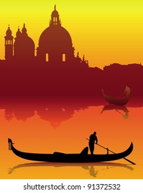 dark silhouettes of Venice on an orange background