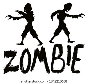 Dark silhouettes of walking zombies with missing body parts and painted sign with brush strokes.