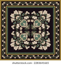 Dark silk neck scarf with a flowers and golden frame. Vector design for a neckerchief, carpet, kerchief, bandanna, shawl, tablecloth. Traditional ethnic pattern.