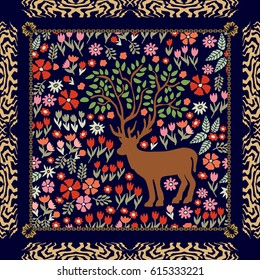 Dark silk scarf with forest, magic deer and zebra print frame. Textile design with Art Nouveau motifs.