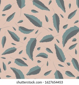 Dark silver blue hand painted dense echinacea leaves design. Seamless vector pattern on pastel pink background. Soft muted colors. Modern style that is great for wellness products, packaging, fabric