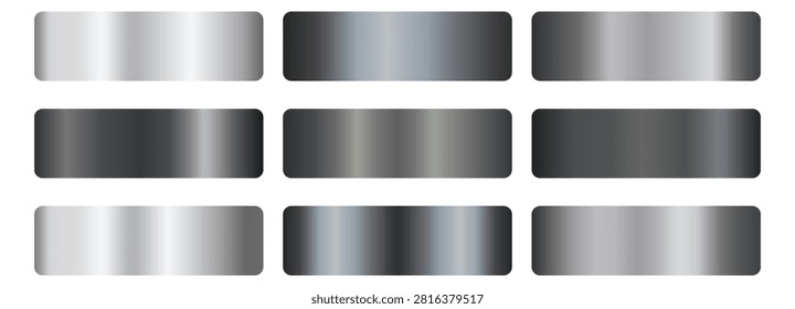 Dark silver and charcoal metal gradient swatch set. Chrome, platinum, steel, pewter, dark grey, blue-black foil shades. Glossy horizontal bands. For badge, label, ribbon, frame. Vector