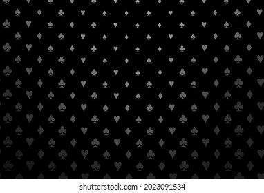 Dark silver, gray vector background with cards signs. Shining illustration with hearts, spades, clubs, diamonds. Template for business cards of casinos.
