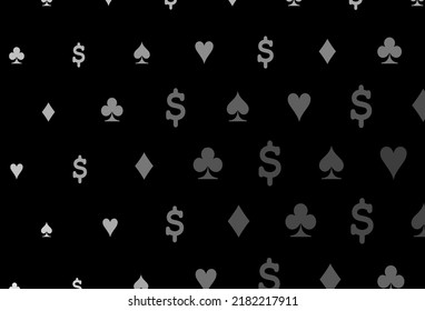 Dark silver, gray vector cover with symbols of gamble. Shining illustration with hearts, spades, clubs, diamonds. Template for business cards of casinos.