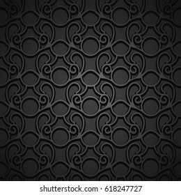 Dark silver pattern, vintage black background with curly vector ornament