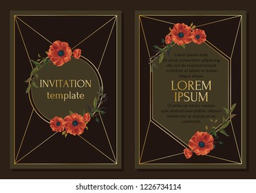 Dark simple design for invitations, cards. Small red and amber flowers, foliage, various branches, plants. Strict gold frame, lines. Dark brown background.