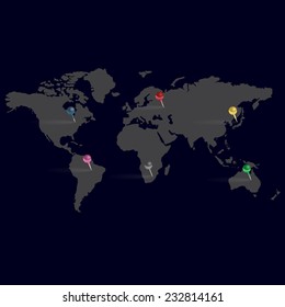 dark simple map of world with color pins eps10