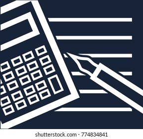 Dark simple vector template with calculator, pen and note on finance, calculations, business, economics. On a blue background white contour drawing in minimalism style - business concept