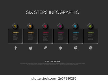 Dark six step infographic template perfect for showcasing process stages or workflow diagrams. Versatile infographic design provides a clear layout for your step-by-step presentations or projects.