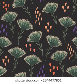 Patrón oscuro esquemático floral sin costuras con flores verde pálidas, corazones anaranjados y rojos. Textura botánica colorida para textil, papel envolvente, superficie, papel tapiz
