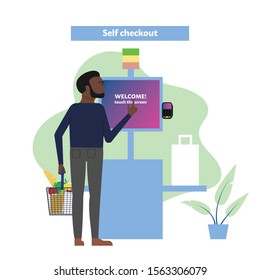 Dark skin bearded male customer uses self checkout counter in supermarket, self service lane in grocery store. Flat style stock vector illustration.