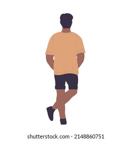 Dark skin boy standing back with crossed legs. Rear view of sportive dressed teenager cartoon vector illustration