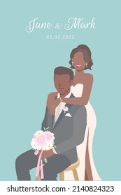 Dark skin bride in white dress happily stands behind her Groom in black suit sitting for their wedding ceremony invitation card flat vector couple characters on mint green background.