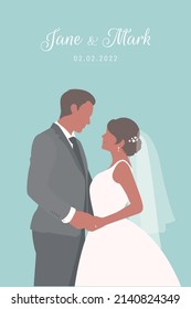 Dark skin bride in white dress and Groom in black suit happily holding hands for their wedding ceremony invitation card flat vector couple characters on mint green background.