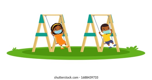 Dark skin children with medical masks on their faces swing on a swing. Virus protection. Flat characters. Vector illustration on a white background.