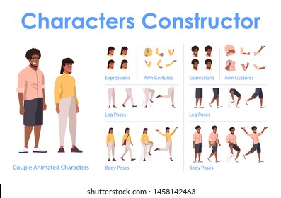 Dark skin couple front view animated flat vector characters design set. Сharacter animation creation cartoon pack. Man, woman constructor with various face emotion, body poses, hand gestures, legs kit