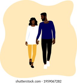 Dark skin couple man and woman are walking, holding hands. Relationship, love, family walk concept. 